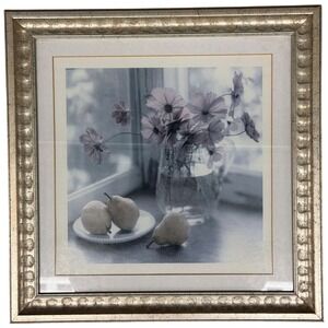 Framed Still Life Artwork Floral Pears Window Sill Vintage Wall Art 15 x15